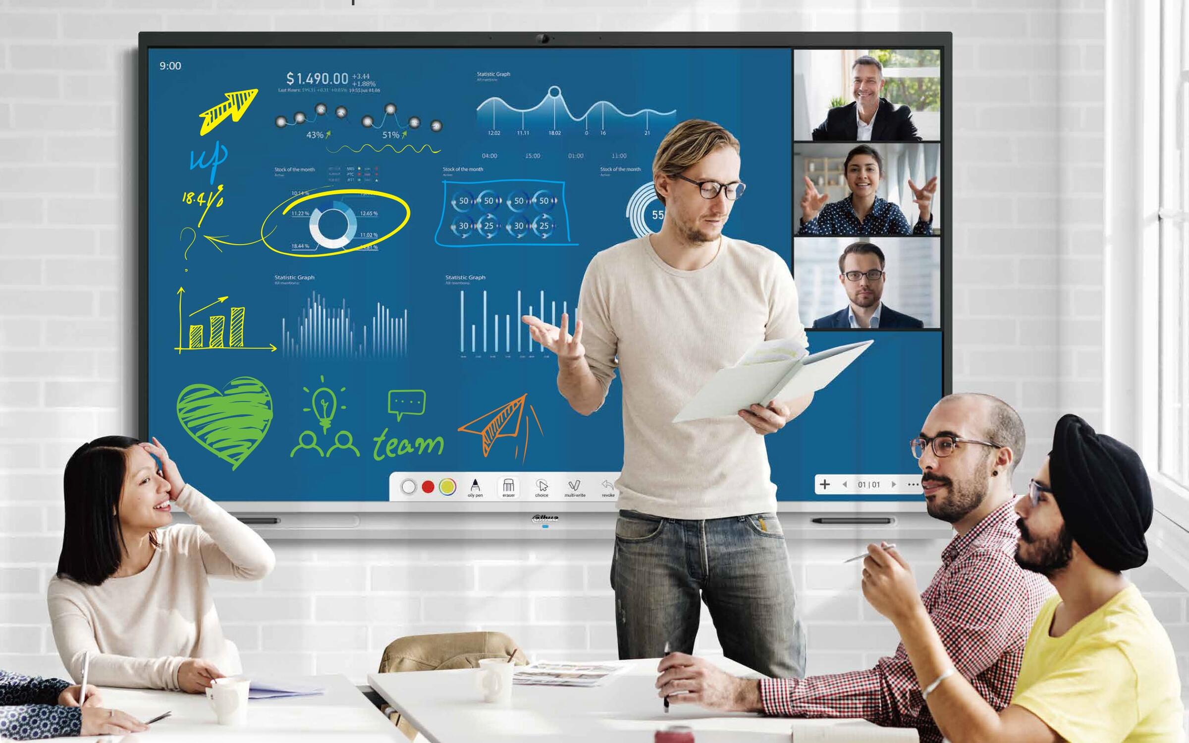 Seien es Videokonferenzen oder Präsentationen im Bildungsbereich: Das smarte, interaktive Whiteboard ersetzt als All-in-One-Lösung Tools wie Beamer und Computer.